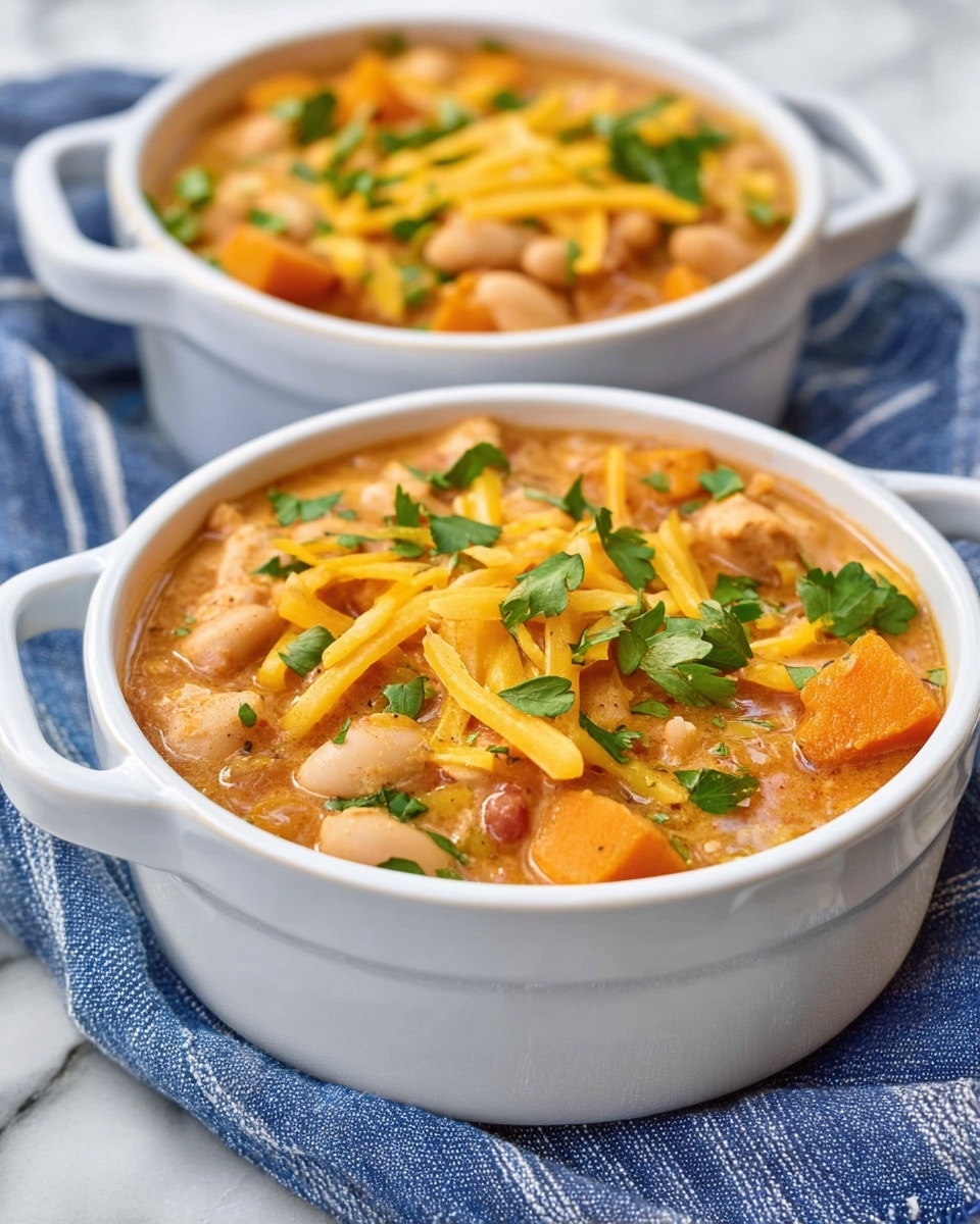 Two white casserole dishes filled with thick creamy stew are set on a blue-striped cloth over a white marbled surface. The stew has a light orange color and contains visible white beans, chunks of orange sweet potato, and small pieces of chicken. The top is sprinkled with thin strips of yellow cheese and fresh green parsley leaves, adding contrast in color and texture. The dishes have small handles and a smooth finish, with the front dish sharply in focus while the second is softly blurred in the background. photo taken with an iphone --ar 4:5 --v 7