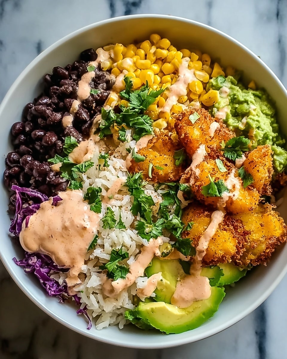 A white bowl filled with a layered dish including a base of white and yellow rice in the center, black beans with a creamy pink sauce on the left bottom side, and golden brown fried fish pieces drizzled with the same sauce on the right side, topped with fresh green chopped cilantro. Around the edges, there are bright yellow corn kernels at the top, creamy green guacamole next to the corn, light green avocado slices at the bottom right, and small pieces of purple cabbage next to the beans. The bowl is placed on a white marbled surface. Photo taken with an iphone --ar 4:5 --v 7