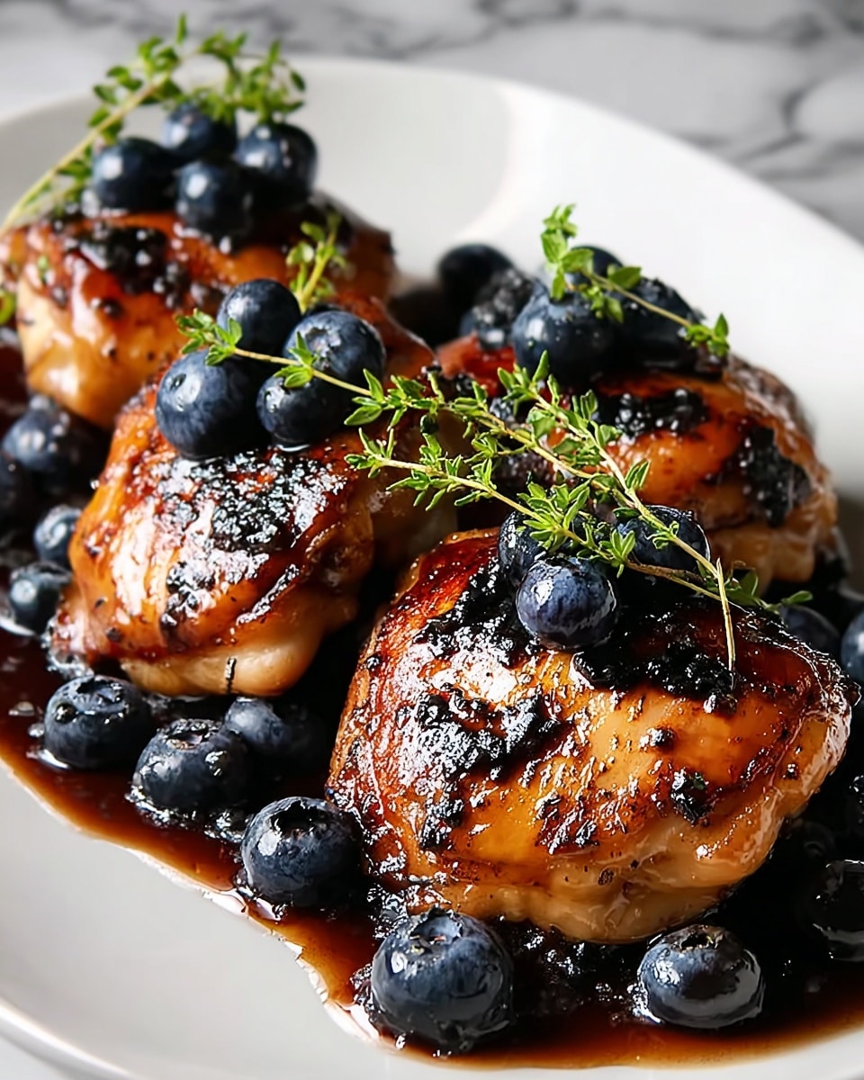 Three pieces of shiny grilled chicken thighs, each with a slightly crispy texture and dark grill marks, sit on a white plate. The chicken is topped with a small bunch of fresh green thyme and several plump, glossy blueberries. More blueberries surround the base of each piece, soaking in a dark, syrupy sauce that pools slightly on the white plate. The background shows a white marbled texture. photo taken with an iphone --ar 4:5 --v 7