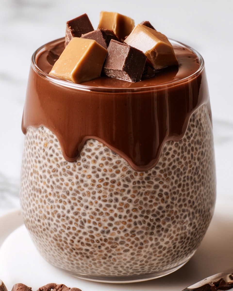 The image shows a clear glass filled with three layers of dessert, placed on a white marbled surface. The bottom layer is a light brown chia pudding mixed with small black chia seeds, giving a speckled texture. On top of this is a thick, smooth dark brown chocolate sauce that slightly drips down the sides, making a natural wavy border between the layers. The top layer is decorated with several pieces of chocolate in different shades of brown, some whole and some split, arranged neatly on the chocolate sauce. Photo taken with an iphone --ar 4:5 --v 7