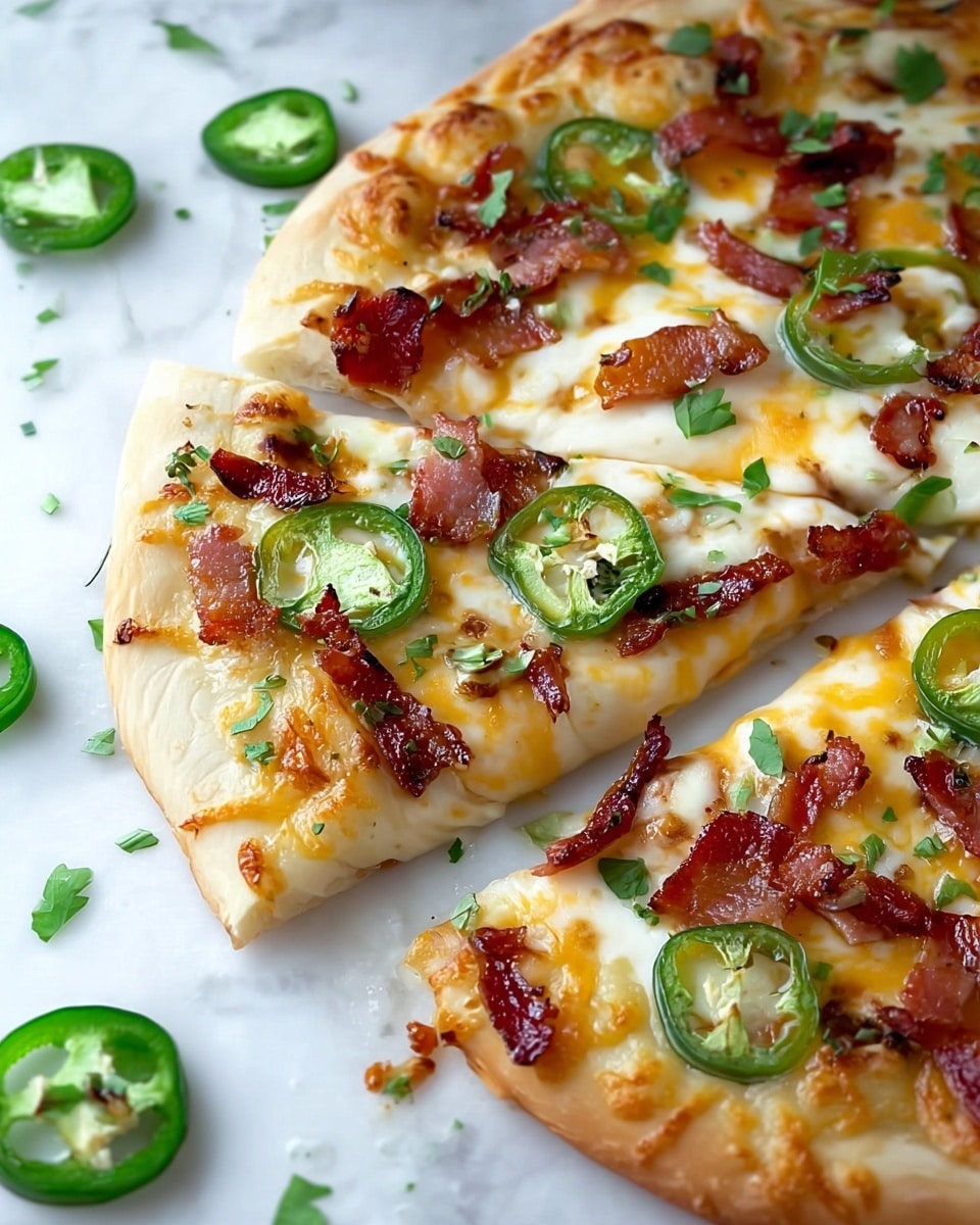 A close-up view of a pizza with one visible layer of creamy melted cheese covering a golden crust. On top of the cheese are scattered slices of crispy bacon in reddish-brown tones and round green jalapeño pepper slices with visible seeds. Small pieces of chopped fresh green herbs are sprinkled over the pizza, adding a vibrant color contrast. The pizza is placed on a white marbled surface with some jalapeño slices and herbs scattered around it. The dough crust is light beige with a soft texture and slight browning on the edges. Photo taken with an iphone --ar 4:5 --v 7