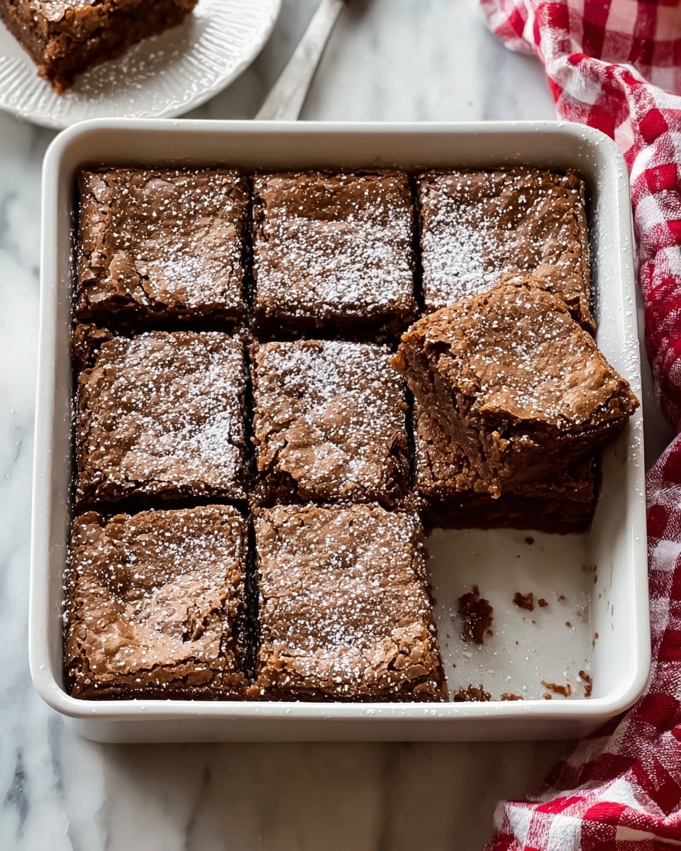 A white rectangular baking dish contains nine cut square brownies arranged in a 3 by 3 pattern, with one brownie slightly lifted in the center showing the thick, slightly crumbly texture inside. The brownies have a cracked surface and are a rich, deep brown color, sprinkled lightly with powdered sugar on top. The dish is placed on a white marbled surface, with a red and white checkered cloth nearby and part of a white plate holding another brownie visible in the background. Photo taken with an iphone --ar 4:5 --v 7