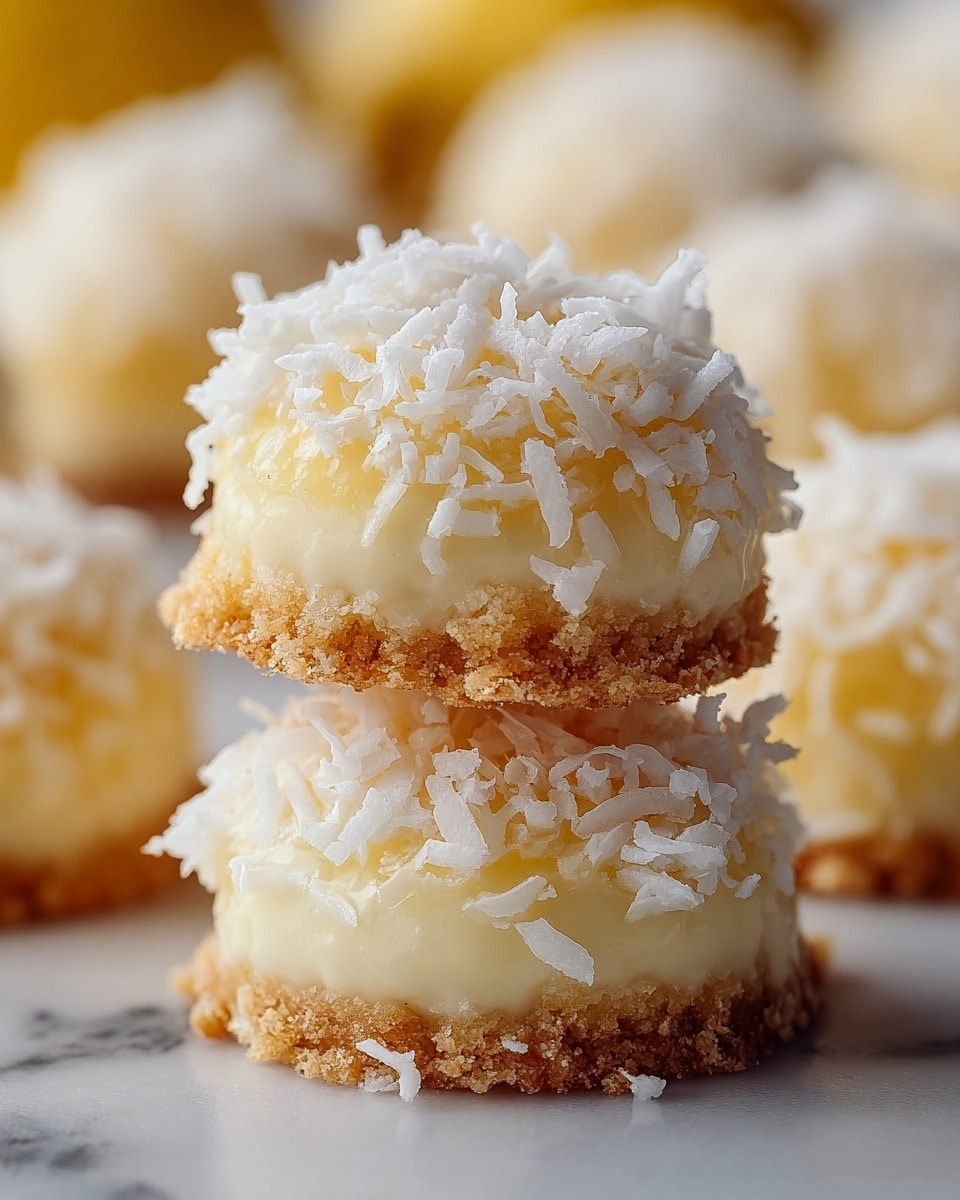 The image shows small, round cookies stacked in pairs on a white plate. Each cookie has a light golden brown base that looks crisp and slightly crumbly. On top, there is a thick, pale yellow creamy layer, slightly shiny and soft in texture, covered generously with fine white shredded coconut flakes. The coconut gives the cookies a fluffy and textured appearance, adding volume to each piece. The background is softly blurred, showing more of these cookies on a white marbled surface, enhancing the warm and inviting look. photo taken with an iphone --ar 4:5 --v 7