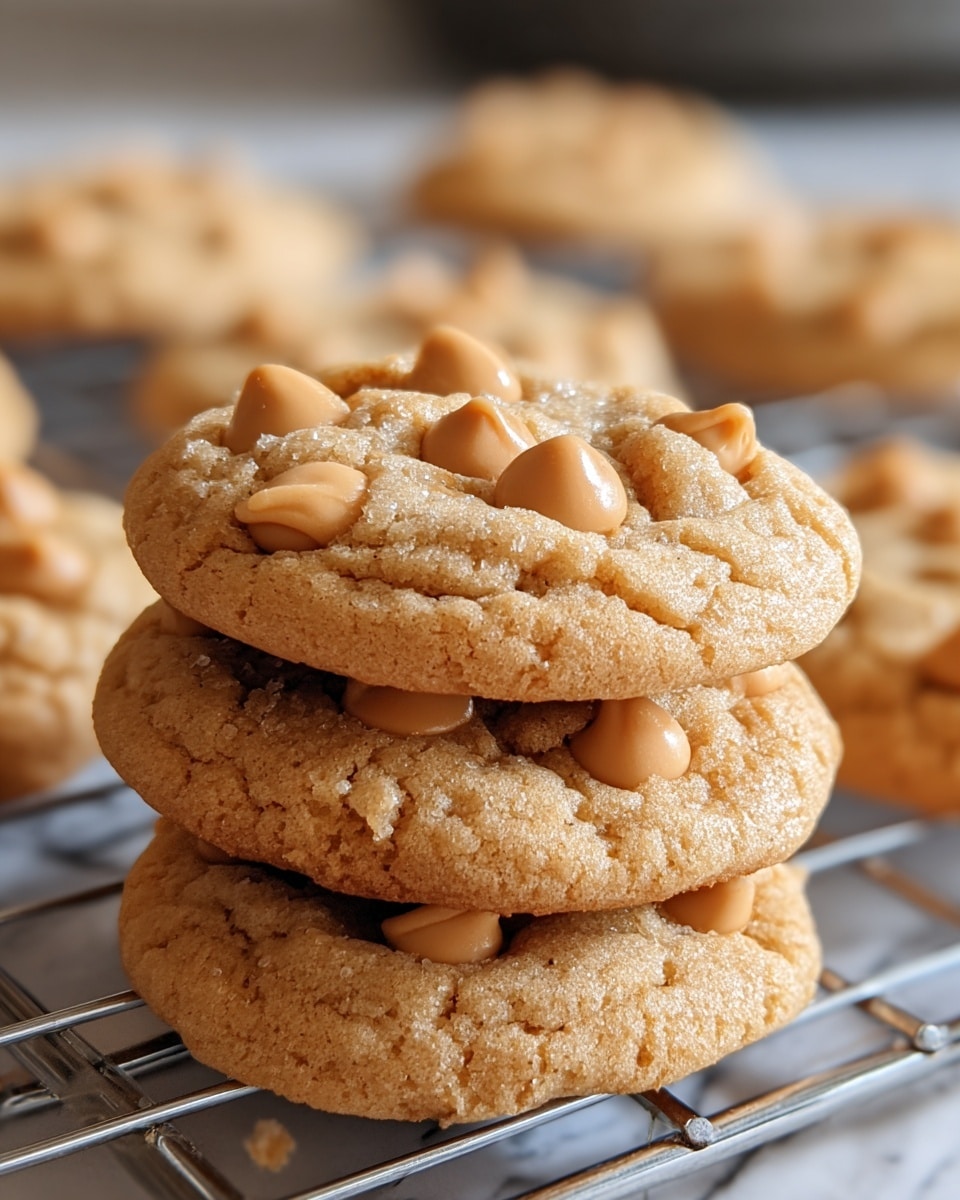 A close-up shot of a stack of three golden brown cookies with smooth, light brown butterscotch chips on top. The cookies have a slightly cracked, soft texture with a subtle sugary sparkle. They sit stacked on a silver cooling rack, with more cookies blurred in the background on a white marbled surface. The focus is sharp on the front cookies, highlighting the raised chips and crumbly surface, giving a warm and fresh baked feeling. photo taken with an iphone --ar 4:5 --v 7