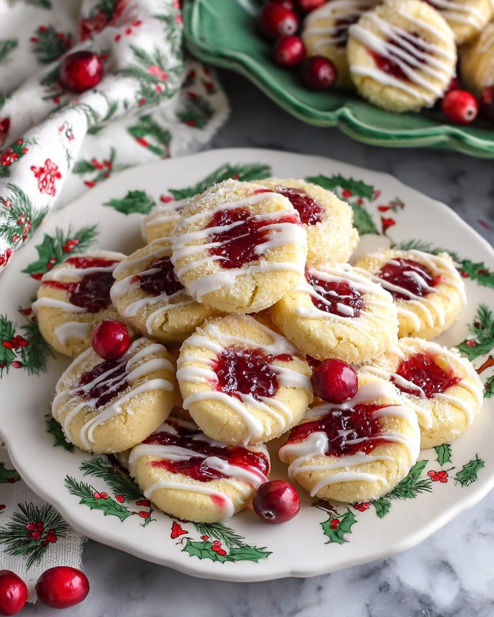 A white plate with green holly leaf and red berry designs holds about twenty small round cookies. Each cookie has a golden-yellow base coated with coarse sugar, a red cranberry jam center, and white icing drizzled across the top. The cookies are stacked in a loose pile, with a few whole fresh cranberries scattered around and on top. The plate sits on a white marbled surface next to a green dish with some more cookies and cranberries. A white cloth with a green holly leaf and red berry pattern peeks out behind the plate. Photo taken with an iphone --ar 4:5 --v 7