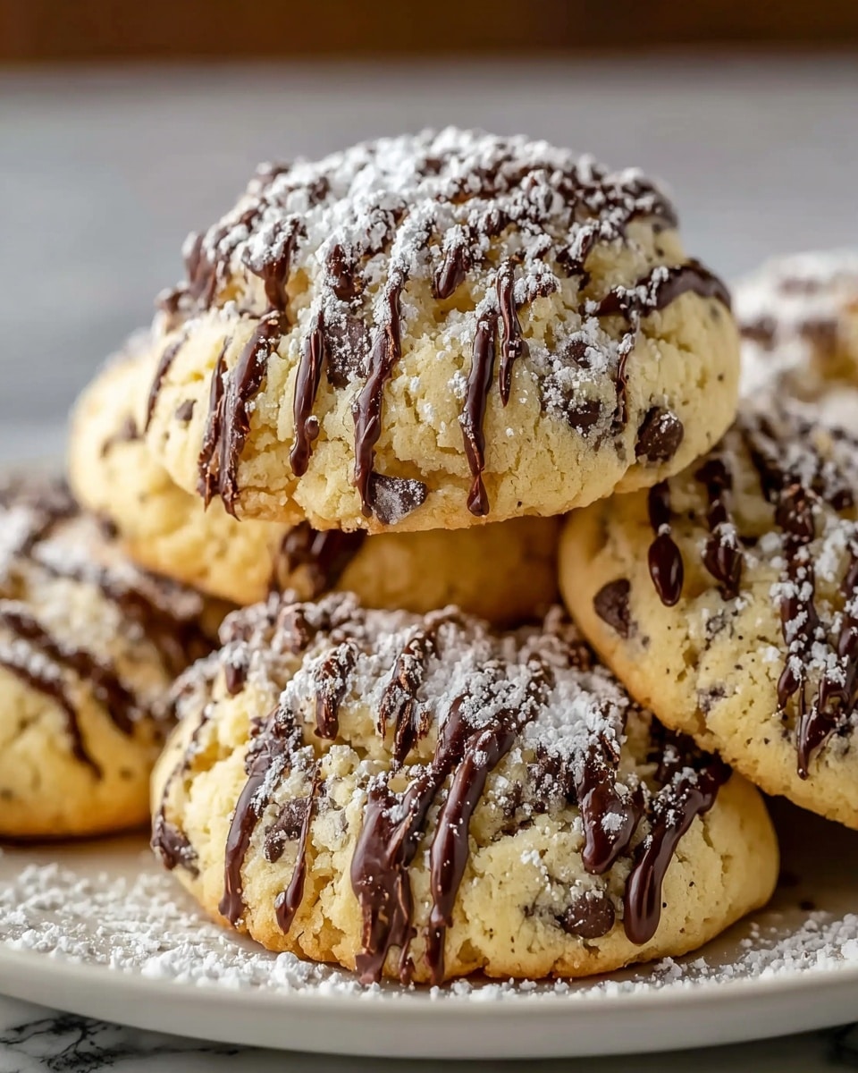A close-up view of soft, round cookies stacked in two layers on a white plate. Each cookie has a light golden color with visible small dark chocolate chips scattered throughout the dough. The top of each cookie is drizzled with thick dark chocolate lines running vertically and is dusted with a generous layer of powdered sugar. Some powdered sugar is also spread lightly on the white plate surface around the cookies, which rests on a white marbled texture. Photo taken with an iphone --ar 4:5 --v 7