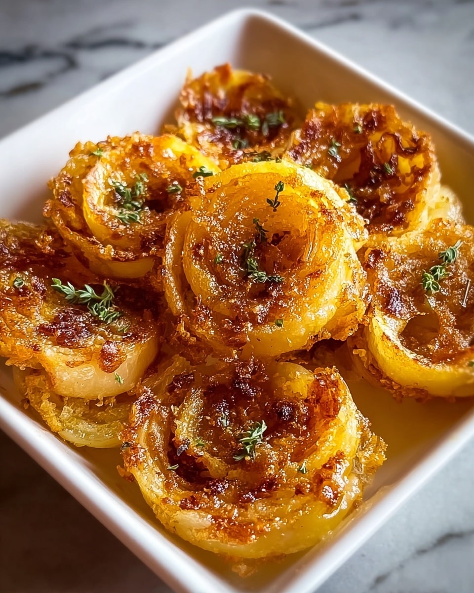 The dish shows several round, golden-brown onion rings arranged closely together inside a white square dish. Each onion ring has multiple layers, with crispy, browned edges and a softer, light yellow center. Tiny green herb leaves are scattered on top of the rings, adding a fresh touch. The rings appear coated with a glistening layer of oil or butter, making them shine under the light. The background is a white marbled surface. photo taken with an iphone --ar 4:5 --v 7