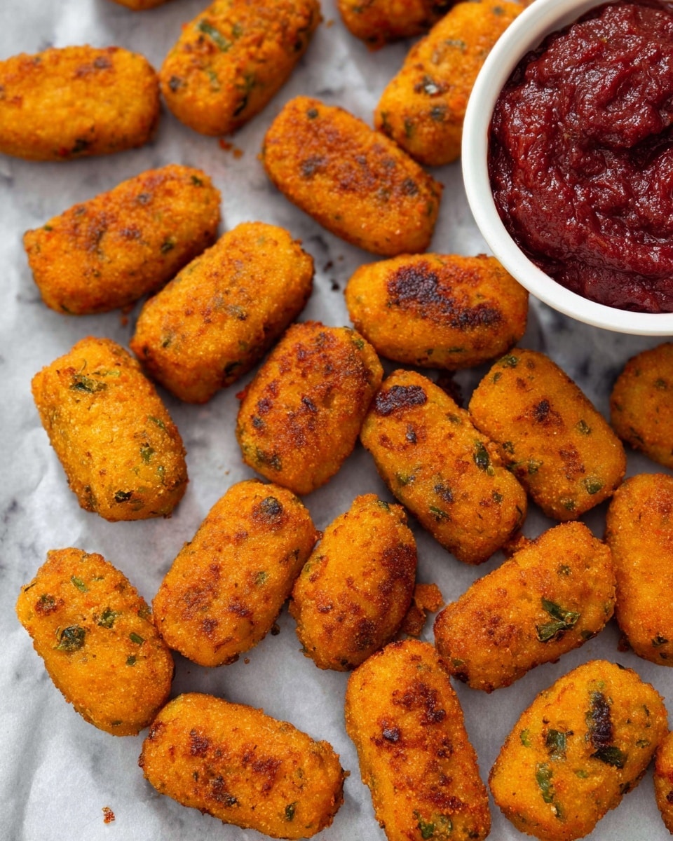 The image shows many small, golden-orange fried croquettes with crispy brown spots on their surface, scattered on a sheet of paper over a white marbled texture. Each croquette is oblong and has small dark green flecks inside, suggesting herbs or vegetables mixed in. To the top right, there is a white bowl filled with a chunky, deep red sauce, likely tomato-based, with visible pieces. The overall setting is clean and bright, highlighting the texture and color contrast between the croquettes and the sauce. photo taken with an iphone --ar 4:5 --v 7