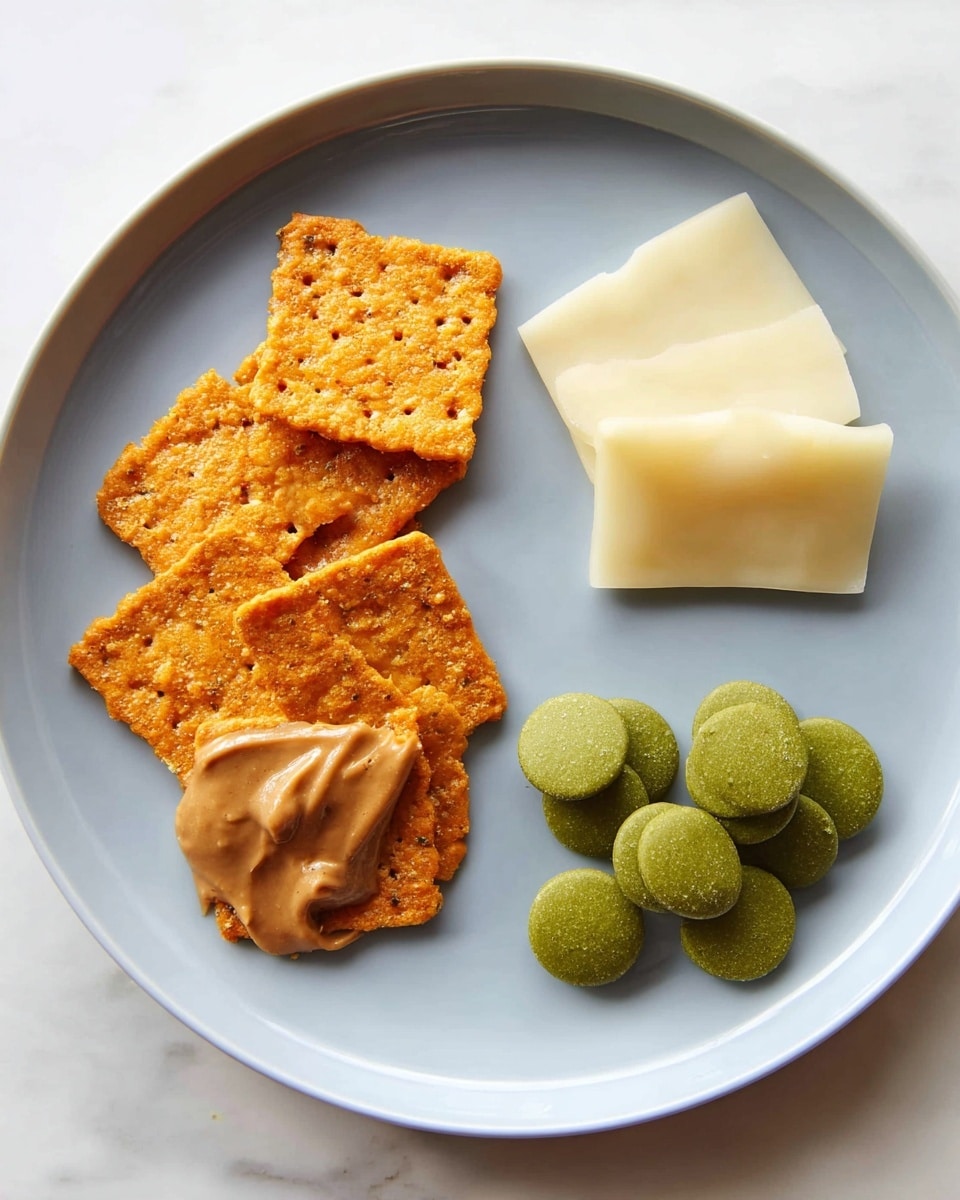 A white plate holds three groups of snacks arranged separately: five square orange crackers with a rough texture, two of which have a smooth brown peanut butter spread on top, two slices of smooth white cheese placed side by side at the top right, and a small pile of round green matcha-flavored chocolate discs with a matte surface at the bottom right; all set on a white marbled surface. photo taken with an iphone --ar 4:5 --v 7