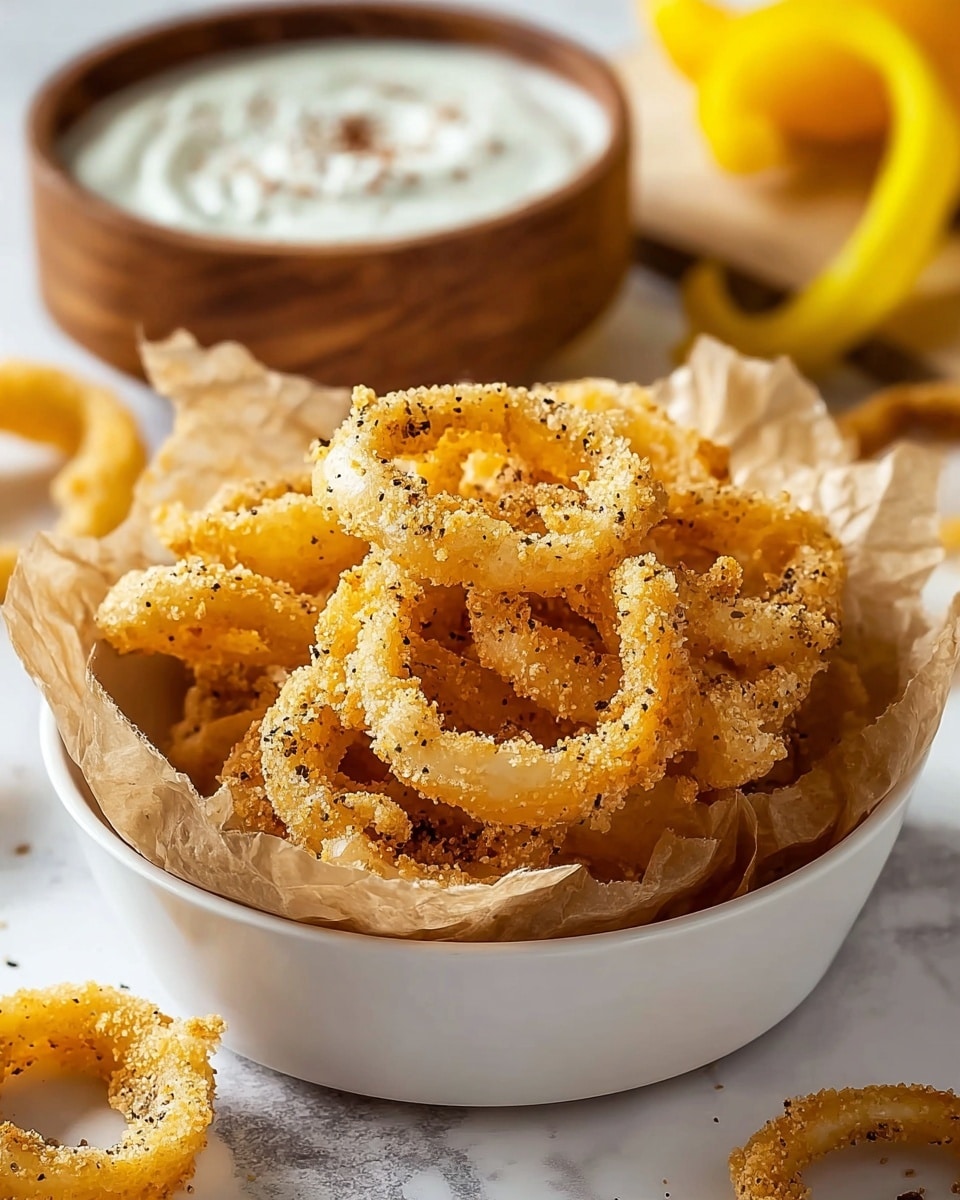 A white bowl lined with brown parchment paper holds a stack of golden-brown curly fried onion rings, each coated with a light, crispy texture and sprinkled with black pepper and salt. The onion rings are placed in a loose pile showing their twisted shapes and crunchy surface. Behind the bowl, there is a wooden bowl filled with creamy white dipping sauce dotted with pepper flakes. Part of a yellow bell pepper and more fried onion rings are scattered on a white marbled surface around the bowl. The photo is bright and detailed, showing a close-up view of the food. photo taken with an iphone --ar 4:5 --v 7