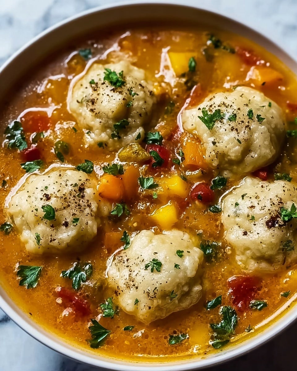 The image shows a round white bowl filled with a rich, orange-red stew. Inside the stew are five light yellow, soft-looking dumplings floating on the surface. The broth contains small pieces of red tomato, black beans, and green herbs scattered evenly throughout. Some green chopped herbs are sprinkled on top of the dumplings, adding texture and color contrast. The bowl sits on a white marbled surface with a few green leaves visible around it. photo taken with an iphone --ar 4:5 --v 7