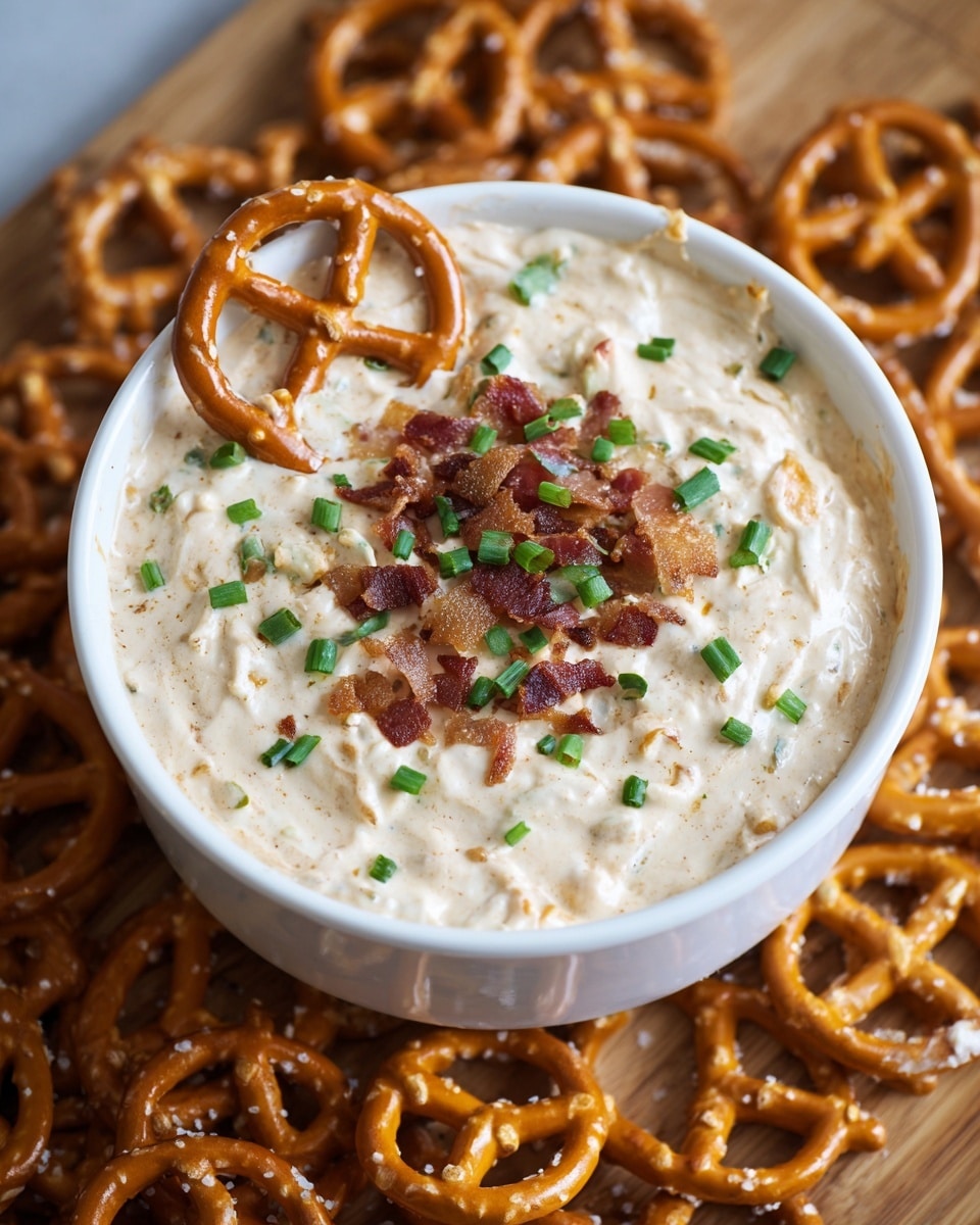A white bowl filled with a creamy, light beige dip topped with small green chopped chives and crispy brown bacon bits, with a single salted pretzel placed on top as garnish. The bowl is placed on a wooden board scattered with many golden-brown salted pretzels around it. The dip has a smooth texture with some small chunks and air pockets visible. photo taken with an iphone --ar 4:5 --v 7