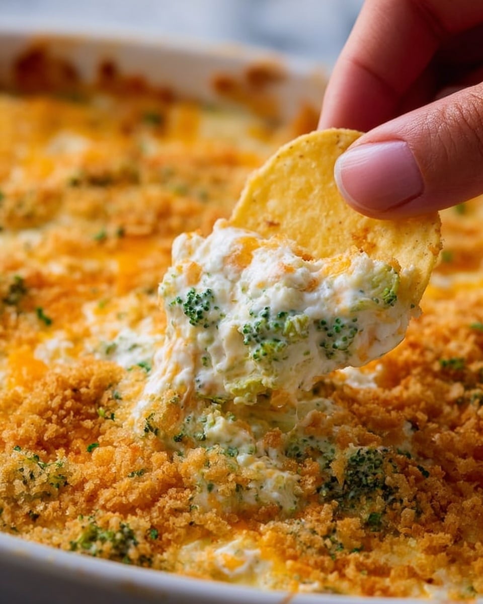 A close-up image shows a woman's hand dipping a yellow chip into a creamy broccoli cheese dip. The dip has a thick, smooth white base mixed with green broccoli bits and melted orange cheese on top. The surface is sprinkled with light brown crispy crumbs. The background is a white marbled texture. photo taken with an iphone --ar 4:5 --v 7