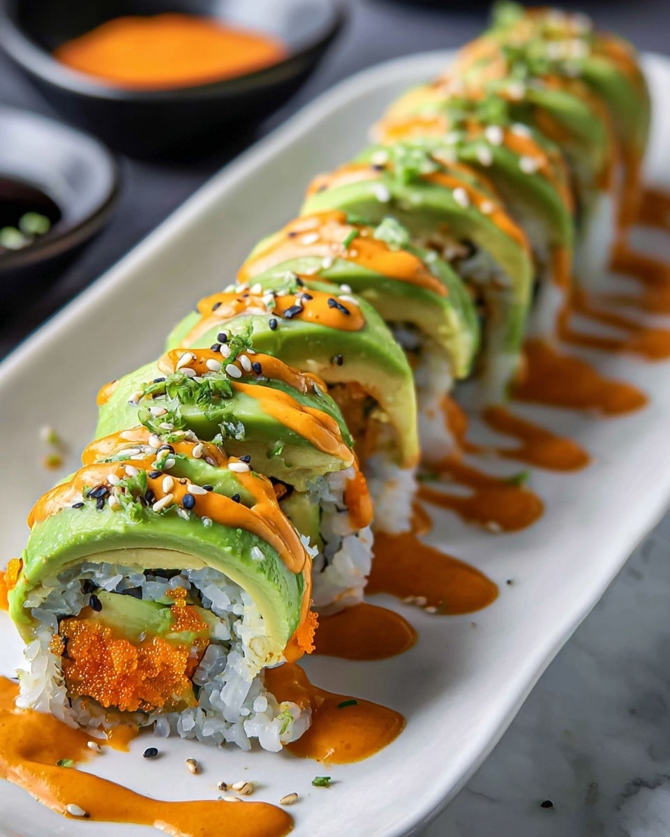 A row of sushi rolls neatly placed on a white plate, each roll showing a filling of light green avocado and bright orange fish roe, wrapped inside white rice and a thin black seaweed layer. On top, a green sauce is drizzled evenly, followed by a zigzag of thick orange sauce. The rolls are sprinkled with white and black sesame seeds and small green herb pieces. The sauces drip slightly onto the plate, which rests on a white marbled surface. In the background, two small black sauce dishes with orange condiment are partially visible. Photo taken with an iphone --ar 4:5 --v 7