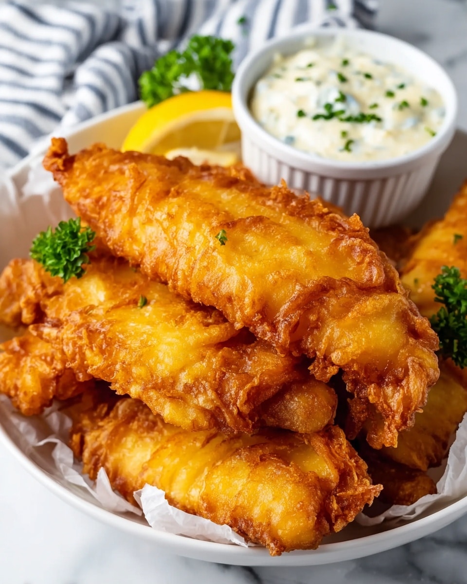 A white bowl holds several pieces of crispy golden-brown fried fish with a rough, crunchy texture. The fish pieces are stacked, showing their uneven, crinkled batter coating. In the background, there is a small white cup filled with creamy white tartar sauce garnished with tiny green herbs. A wedge of bright yellow lemon rests at the edge of the bowl, and small sprigs of fresh green parsley add a pop of color. The bowl sits on a white marbled surface, with some striped fabric slightly visible in the background. photo taken with an iphone --ar 4:5 --v 7