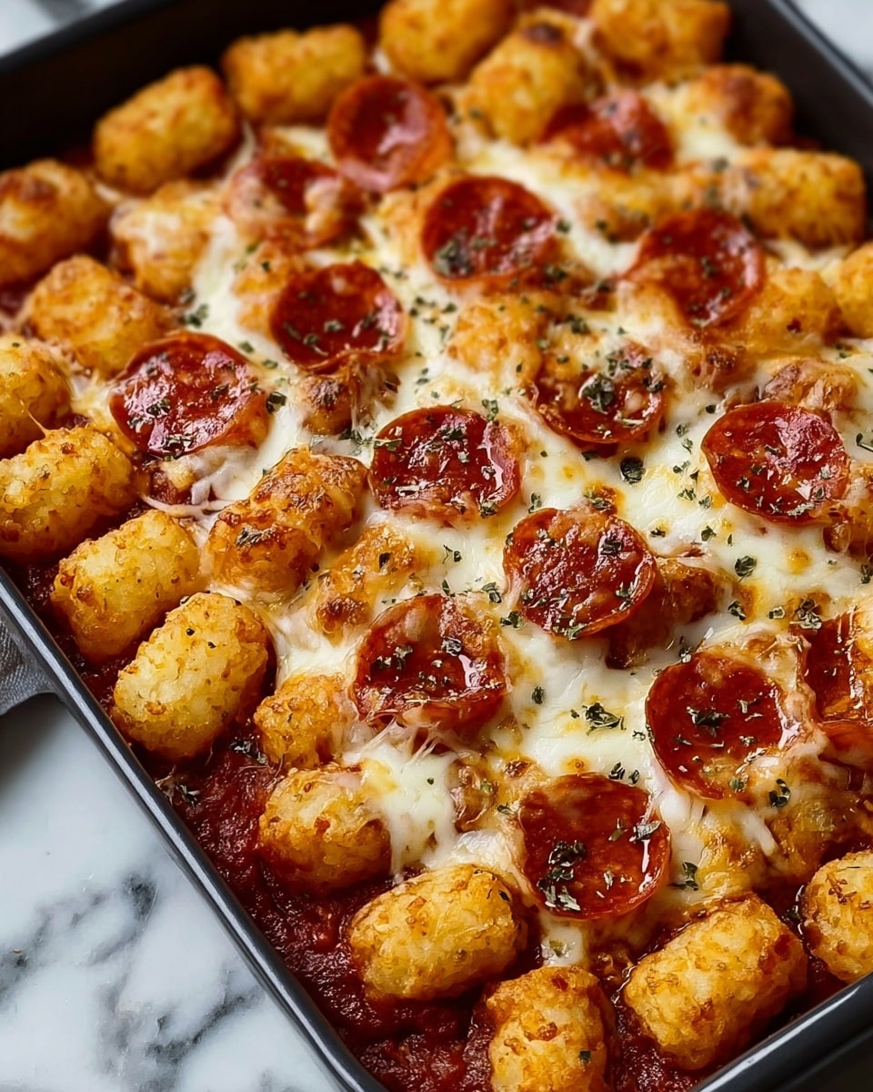 The image shows a rectangular black baking dish filled with a layered tater tot casserole. The bottom layer is covered with a thick, rich red tomato sauce. On top of the sauce is a layer of melted mozzarella cheese that stretches between the layers as some bites are taken. The topmost layer is made of crispy golden-brown tater tots arranged closely together, with pepperoni slices placed evenly on top of the tater tots. The whole dish is sprinkled with herbs, adding a touch of green. The background surface is a white marbled texture. Photo taken with an iphone --ar 4:5 --v 7