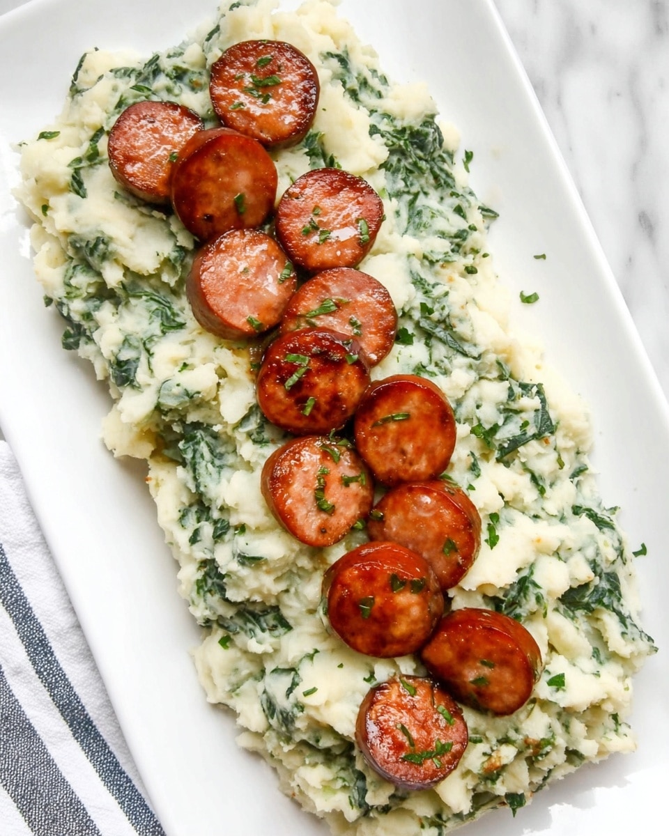A long white plate holds a base layer of creamy mashed potatoes mixed with finely chopped green herbs or spinach, giving it a soft, slightly chunky texture with green flecks evenly spread throughout. On top, there is a single layer of thick, round slices of browned sausage, arranged closely in a straight line down the center of the mashed potatoes. The sausages have a shiny, grilled surface with visible sear marks adding a rich golden-brown color. The plate sits on a white marbled surface with a small part of a striped cloth to the side. Photo taken with an iphone --ar 4:5 --v 7