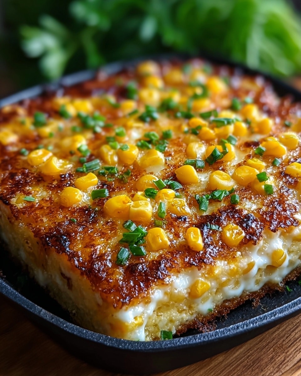 A close-up of a square baked corn dish in a black pan, showing three main layers: a crispy dark golden-brown top crust with bits of caramelized edges, a middle creamy white melted cheese layer scattered unevenly, and bright yellow corn kernels spread across the surface, topped with small pieces of chopped green herbs that add a fresh contrast. The texture on top is bubbly and slightly browned, with some corn pieces slightly toasted. The pan is set on a wood surface, with a blurred green background hinting at fresh herbs. photo taken with an iphone --ar 4:5 --v 7