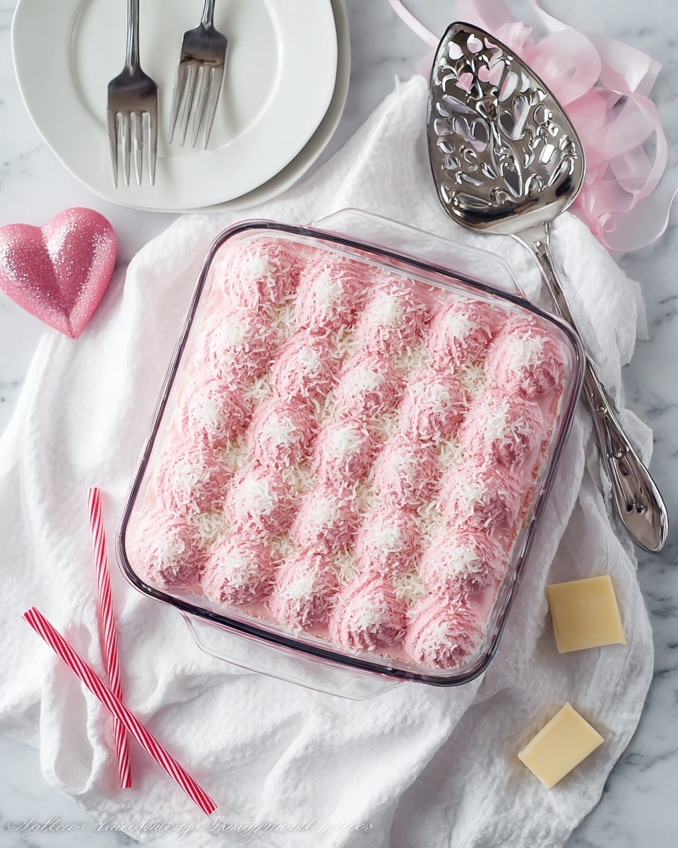 A square glass dish filled with a pink dessert topped with many round, pink dollops arranged in neat rows, each sprinkled with white coconut flakes. The dish sits on a white cloth covering a white marbled surface. Nearby, there are two white forks on a plain white plate, a pink heart-shaped ornament, a shiny silver cake server with a decorative cut-out pattern, red and white striped straws, and small pieces of white chocolate scattered around. photo taken with an iphone --ar 4:5 --v 7