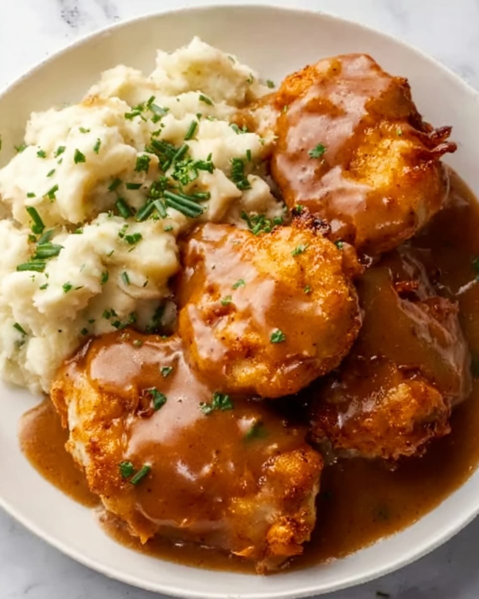 The image shows a white plate filled with four pieces of golden-brown fried chicken covered in a shiny brown gravy. The chicken pieces have a crispy texture, and the gravy looks smooth and thick. On the side of the plate, there is a creamy mix of white mashed potatoes with small chunks and bits of green herbs sprinkled on top. The whole dish is placed on a white marbled surface. Photo taken with an iphone --ar 4:5 --v 7