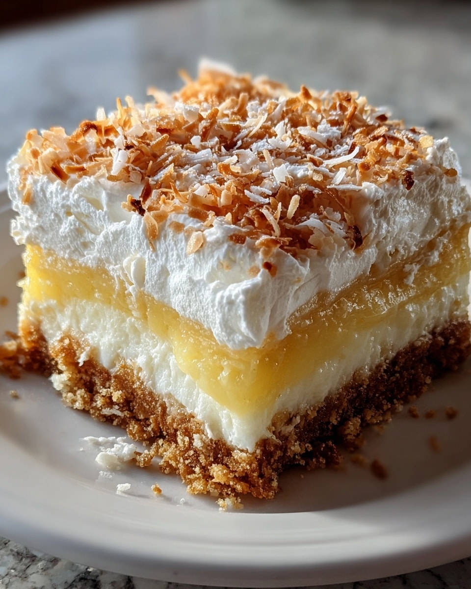 A close-up image of a square dessert with four visible layers sitting on a white plate over a white marbled surface. The bottom layer is a thick, crumbly, golden-brown crust. Above it is a thick creamy white layer followed by a thinner, smooth yellow custard layer. The top layer is fluffy white whipped cream sprinkled generously with toasted golden-brown coconut flakes, some powdered sugar also dusted lightly on top. Photo taken with an iphone --ar 4:5 --v 7