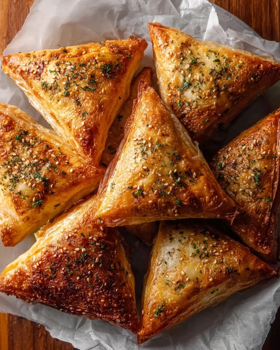A white paper-lined surface holds eight golden brown triangular pastries arranged closely, each triangle showing multiple thin, crispy layers with a shiny, slightly oily texture. The top layer is speckled with green herbs and coarse seeds that add texture and color contrast. The edges of each triangle are slightly puffed and browned, showing a flaky, crunchy appearance. The background beneath the paper has a warm wooden texture, enhancing the golden tones of the pastries. photo taken with an iphone --ar 4:5 --v 7