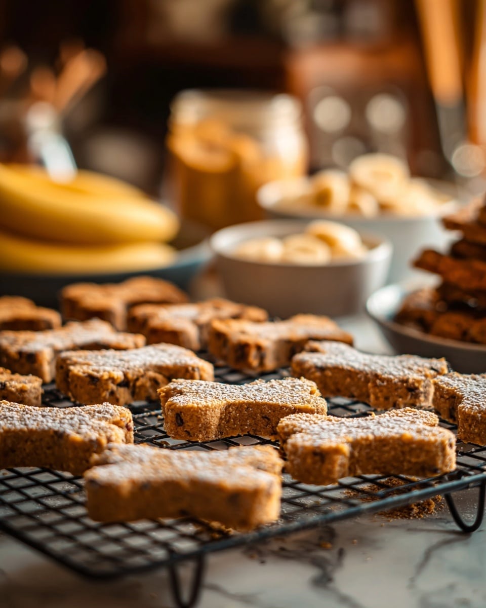 The image shows bone-shaped dog treats on a black cooling rack, all dusted with a light layer of powdered sugar. Each treat is thick and has a rough, crumbly texture with small dark spots inside, indicating ingredients like seeds or spices. In the background, out of focus, are various white bowls and jars filled with peanut butter, sliced bananas, and other baking ingredients against a white marbled surface. The lighting is warm, creating a cozy and inviting atmosphere. Photo taken with an iphone --ar 4:5 --v 7