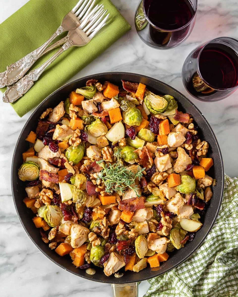 A large black pan filled with a mixed dish of cooked chicken pieces, green Brussels sprouts, orange sweet potato cubes, light brown walnuts, crispy bacon strips, and dark red dried cranberries, all mixed together with small chunks of white apple scattered throughout. The food is topped with a small sprig of fresh green herbs placed in the center. The pan is placed on a white marbled surface, with two glasses of dark red wine nearby, a folded green cloth napkin with two silver forks on top to the upper left, and a green and white checkered cloth partially visible on the lower right. Photo taken with an iphone --ar 4:5 --v 7