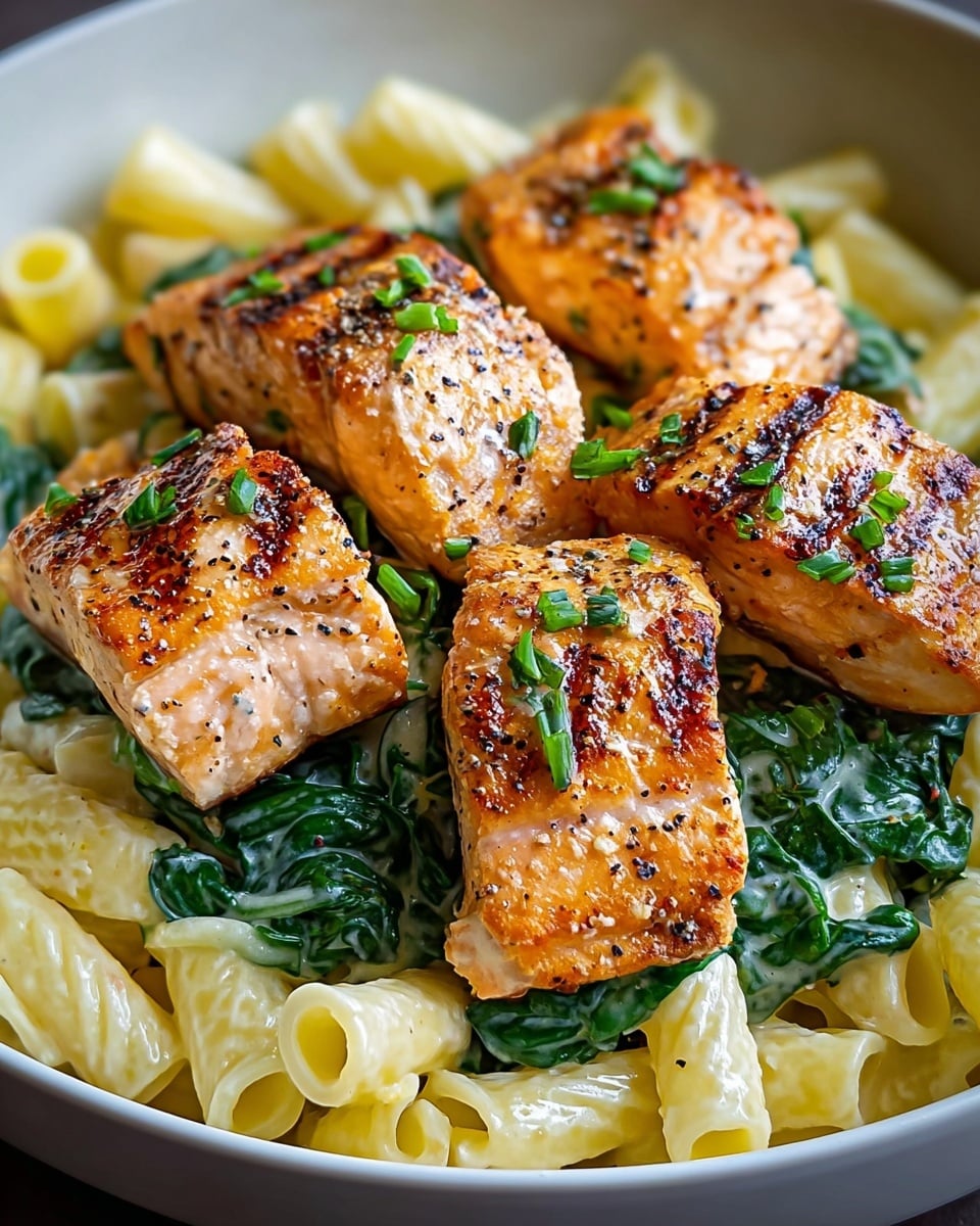 The image shows a white bowl filled with three layers: the bottom layer is creamy rigatoni pasta with a smooth, light yellow texture; the middle layer is bright green sautéed spinach scattered across the pasta; the top layer has five pieces of grilled salmon fillets that are golden brown on the outside with visible grill marks, garnished with small pieces of fresh green herbs and cracked black pepper on top of each salmon piece. photo taken with an iphone --ar 4:5 --v 7