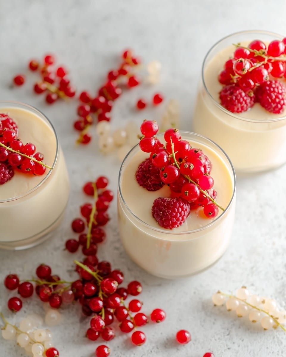Three clear glasses are filled with two layers: a smooth, pale cream base and on top, fresh ripe red raspberries and bright red currants arranged neatly on each glass. The glasses are placed on a white marbled surface scattered with loose red and white currants, as well as small clusters of berries for decoration. The berries’ shiny, textured surfaces contrast with the creamy smoothness beneath them. The scene is softly lit, showing the details and freshness of the fruit. Photo taken with an iphone --ar 4:5 --v 7