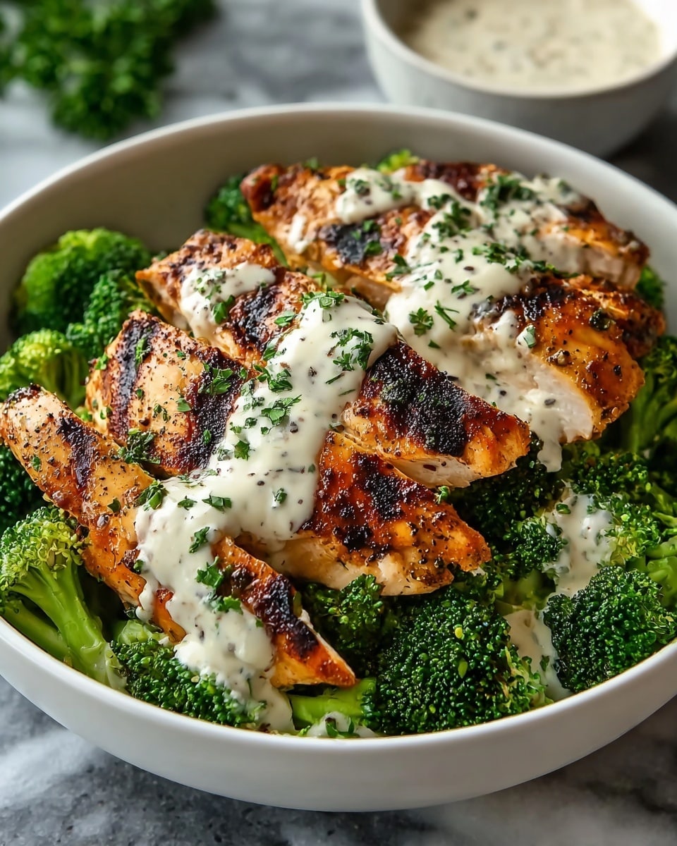The dish shows a white bowl filled with vibrant green broccoli florets as the bottom layer, topped with three large grilled chicken breasts that have deep brown char marks and a golden-brown grilled texture. Over the chicken, there is a creamy white sauce drizzled unevenly, speckled with black pepper and finely chopped green herbs sprinkled on top for garnish. The bowl is set on a white marbled surface with a blurred bowl of extra sauce in the background. photo taken with an iphone --ar 4:5 --v 7