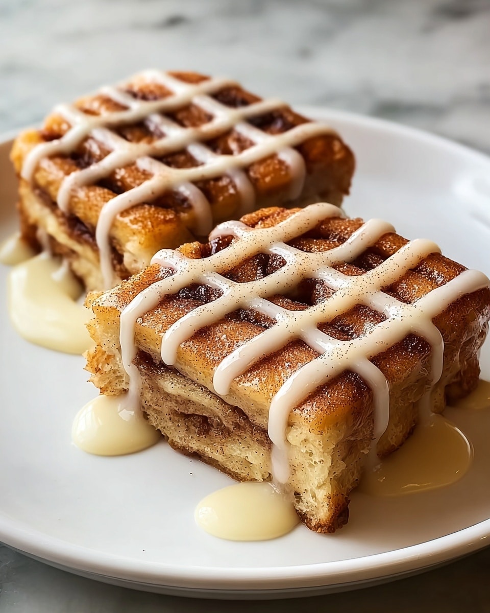 Two square pieces of cinnamon roll bread are placed side by side on a white plate. Each piece has visible layers of soft, light tan dough spiraled with darker brown cinnamon filling. The tops are golden brown with a light dusting of cinnamon and a drizzle of creamy white icing forming a grid pattern. There are pools of icing melting slightly at the base of each piece. The plate sits on a surface with a white marbled texture. Photo taken with an iphone --ar 4:5 --v 7