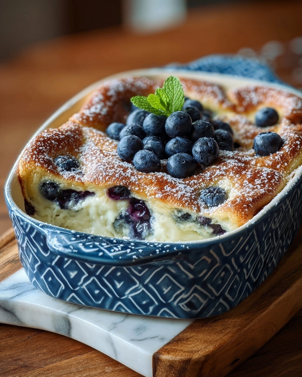 The image shows a baked dessert in a blue patterned ceramic baking dish placed on a wooden board with a white marbled surface underneath. The dessert has a golden brown, slightly puffed top layer sprinkled lightly with powdered sugar. Underneath this top crust, there is a creamy white layer with visible pockets of juicy, baked blueberries bursting through. On top of the dessert, near the center, there is a small pile of fresh, whole blueberries and a sprig of green mint for garnish. The textures range from the soft, creamy inside to the slightly crisp, browned top. Photo taken with an iphone --ar 4:5 --v 7