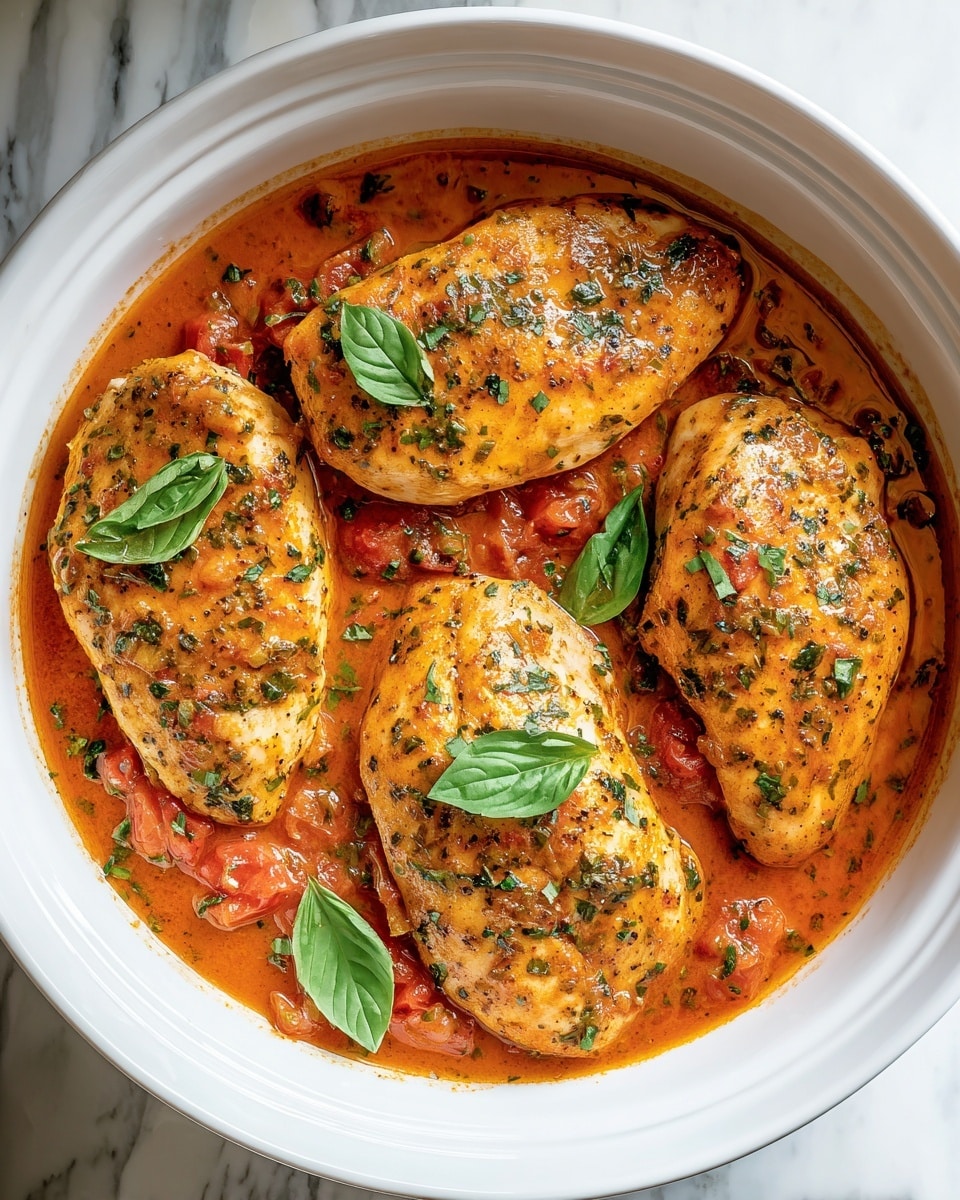 A white bowl filled with four cooked chicken breasts lying in a thick orange-red sauce dotted with small pieces of tomatoes and herbs, each chicken piece having a golden-brown color with visible green herb specks on top. Fresh bright green basil leaves are scattered over the chicken and sauce. The bowl sits on a white marbled surface, partly visible near the edges. photo taken with an iphone --ar 4:5 --v 7