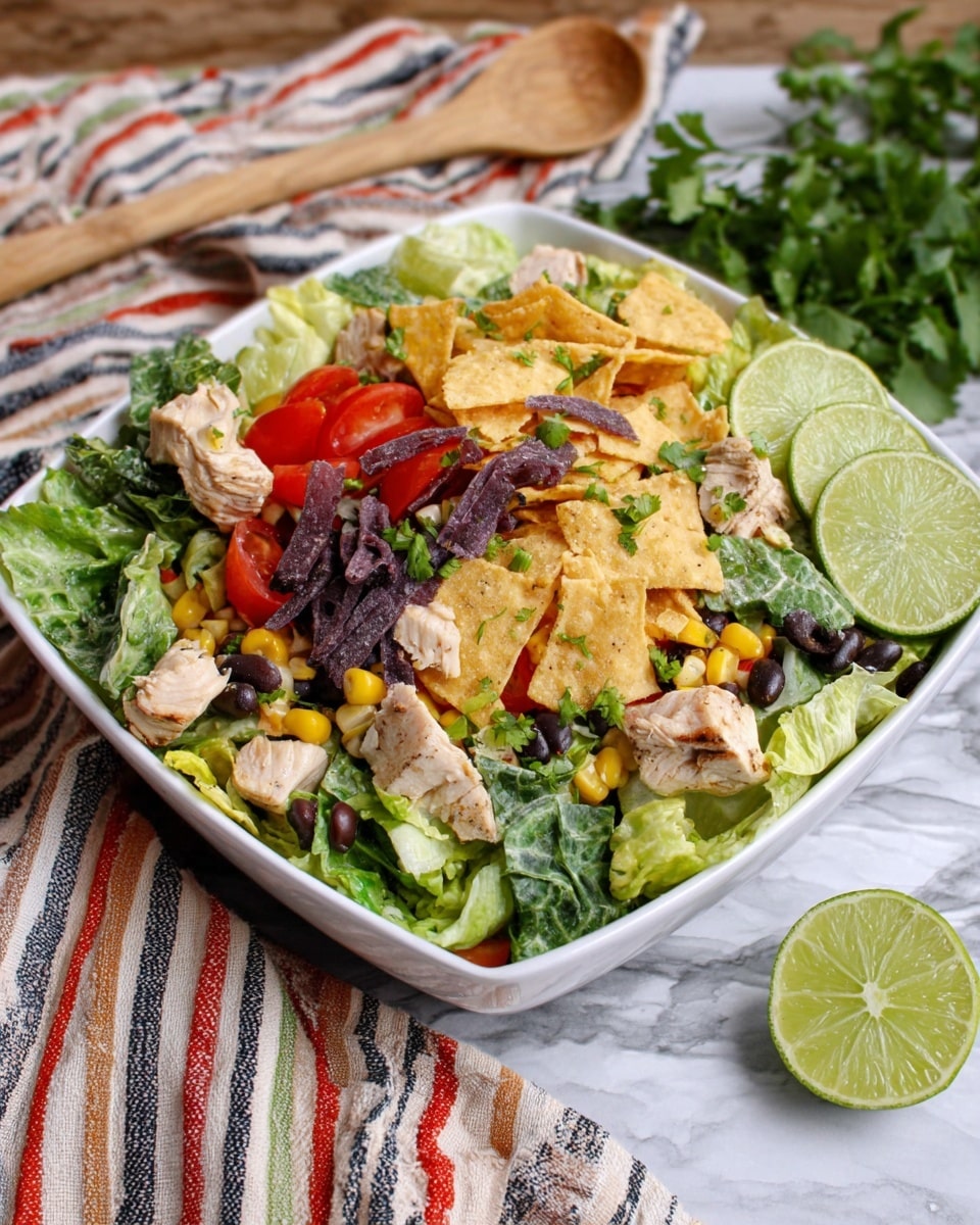 A white square bowl is filled with a colorful salad layered with fresh green romaine lettuce at the bottom, topped with pieces of cooked light brown chicken, bright red tomato slices, small yellow corn kernels, and black beans. On top of these layers, there are thin strips of red, purple, and beige tortilla chips adding texture and color. Three lime slices sit on the edge of the salad, adding a fresh touch. The salad is sprinkled with chopped green herbs, likely cilantro, all set on a white marbled surface with a striped cloth and a wooden spoon nearby. photo taken with an iphone --ar 4:5 --v 7