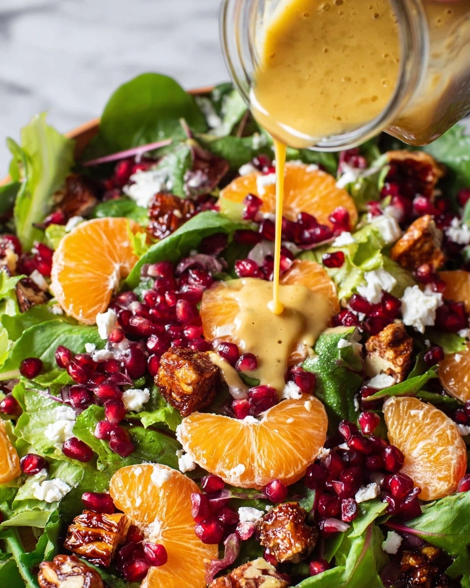 A colorful salad with a base layer of green leafy vegetables spread across a white marbled surface, topped with bright orange slices of mandarin, scattered shiny red pomegranate seeds, and small white chunks of feta cheese. On top of these, there are several pieces of caramelized nuts with a crunchy texture. A jar is tilted in the upper right corner, pouring a golden, creamy dressing over the salad, creating a smooth layer of sauce that spreads over the fruit and leaves. A woman's hand is visible holding the jar. photo taken with an iphone --ar 4:5 --v 7