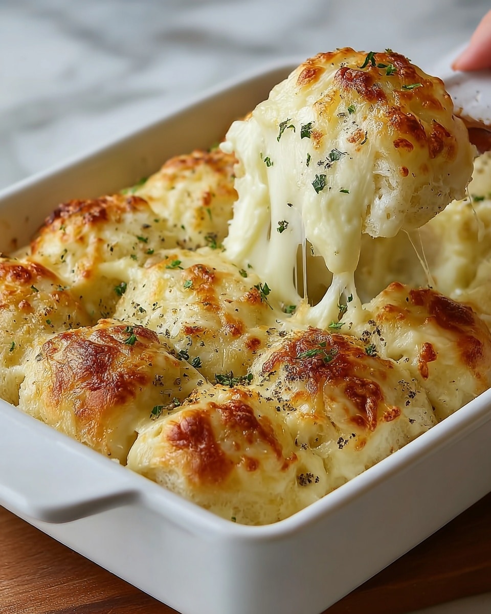 The image shows a white rectangular baking dish filled with baked cheese pull-apart bread. The dish contains about nine round bread pieces arranged closely together, each topped with melted golden-brown cheese that looks bubbly and slightly crispy. Between the bread pieces, creamy white melted cheese stretches smoothly, creating a gooey texture. The surface of the cheese is sprinkled with small bits of green herbs and a light dusting of black pepper. The dish rests on a white marbled surface, and part of a woman's hand is gently pulling one bread piece, showing the stretchy cheese. photo taken with an iphone --ar 4:5 --v 7