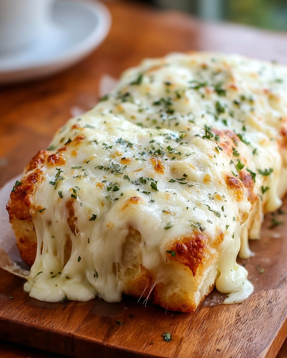 The image shows a thick, rectangular piece of bread topped with a generous layer of white melted cheese that is creamy and gooey, stretching down the sides of the bread. The cheese is slightly browned on top in some spots with small bits of green herbs sprinkled evenly across the surface. The bread underneath looks soft and fluffy with a light golden color under the cheese. The dish is placed on a wooden board, and the background is softly blurred. photo taken with an iphone --ar 4:5 --v 7