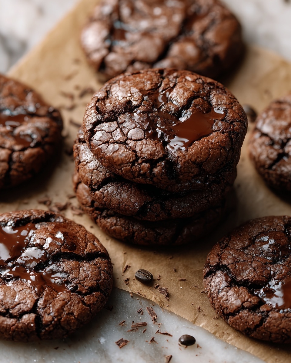 A close-up image of several round chocolate cookies stacked and spread on light brown parchment paper with coffee beans and small chocolate shavings scattered around on a white marbled texture. The cookies have a crinkled dark brown surface with glossy melted chocolate pools visible in the cracks. The texture is slightly rough with a shiny sheen, emphasizing the gooey chocolate bits on top. Photo taken with an iphone --ar 4:5 --v 7