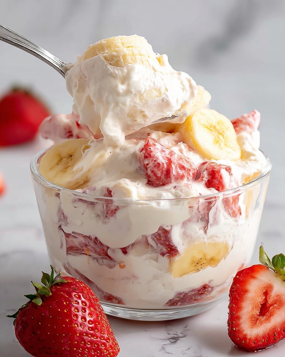 The image shows a clear glass bowl filled with a creamy dessert made of three main layers mixed together: bright red strawberry pieces, pale yellow banana slices, and thick white whipped cream, all blended so the fruit is covered in cream. A silver spoon holds up a scoop with a visible banana slice wrapped in whipped cream. Next to the bowl on a white marbled surface, there is a halved strawberry with a green stem, showing its juicy red inside. The overall look is fresh and soft with vibrant colors standing out against the creamy white layer. Photo taken with an iphone --ar 4:5 --v 7