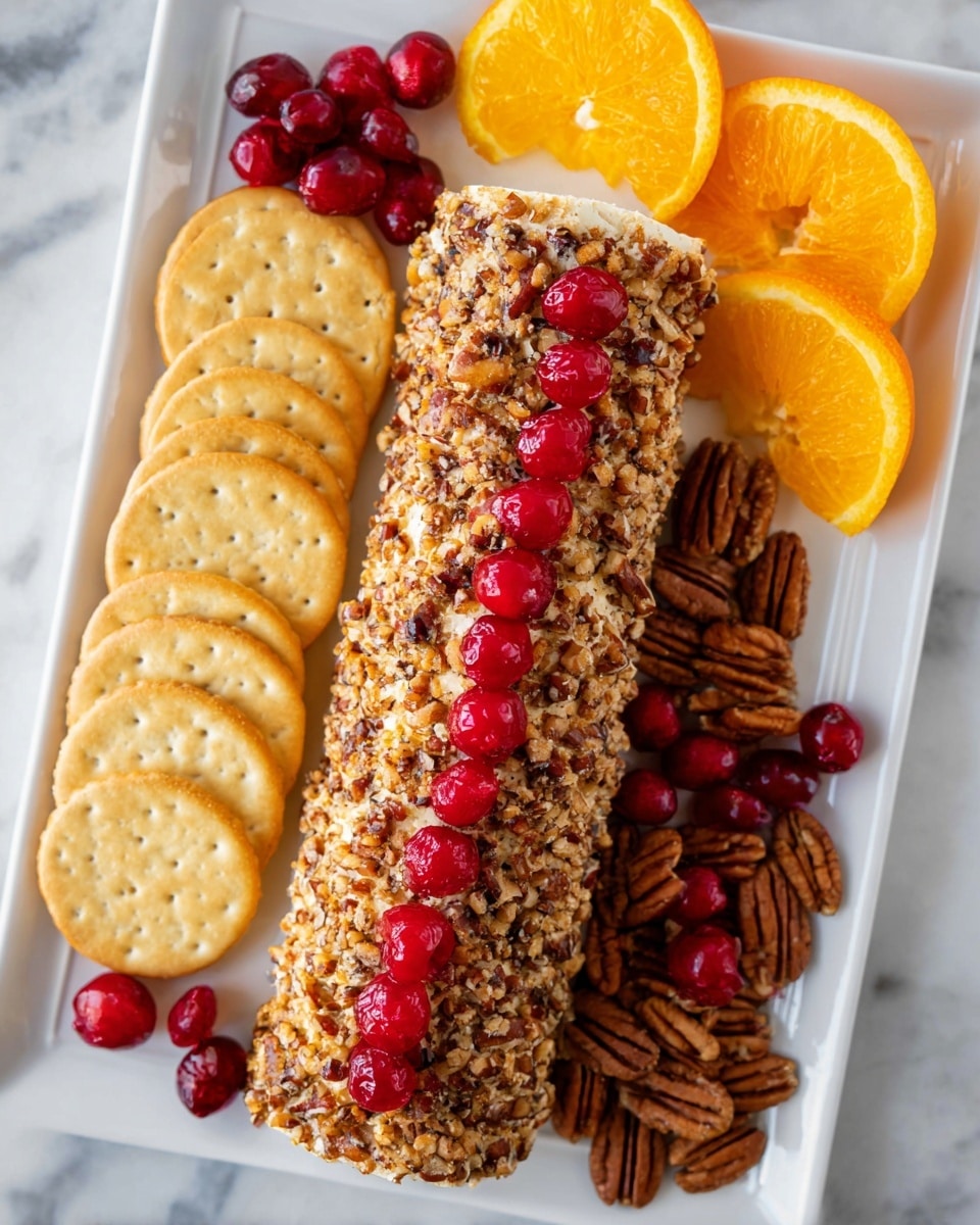 A white rectangular plate with a log-shaped cheese ball coated in chopped brown pecans, topped with bright red chopped cherries in a line down the center. To the left of the cheese ball are several round and square pale yellow crackers stacked slightly on top of each other, and above them are three orange wedges with a shiny surface. At the top right corner, more whole pecans and shiny red cherries are scattered on the plate. All is set on a white marbled surface. photo taken with an iphone --ar 4:5 --v 7