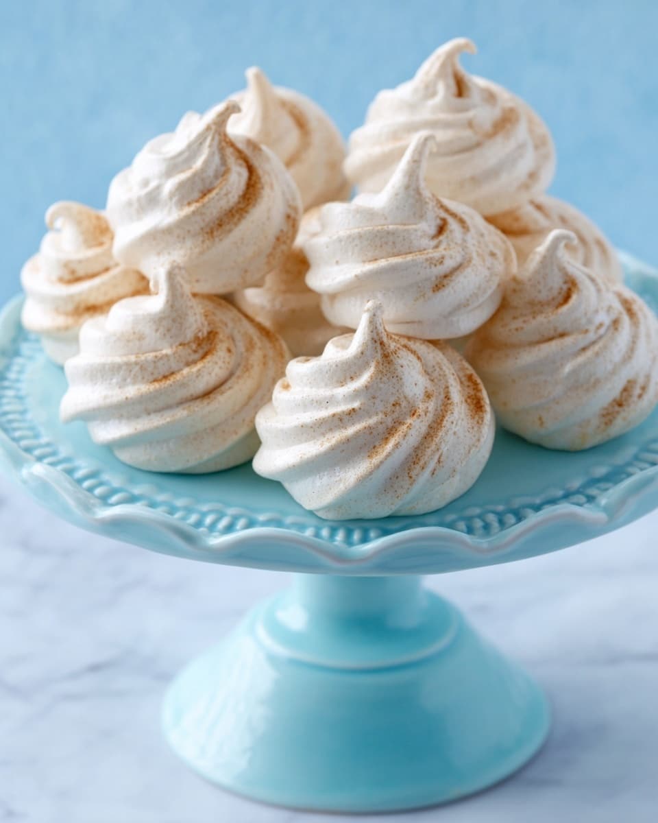 The image shows a light blue cake stand holding eight small, round meringue cookies. Each meringue has a swirled texture with soft peaks and a slightly rough surface. They are off-white with light brown toasted spots scattered on top. The cake stand sits on a white marbled surface, creating a clean and bright background. photo taken with an iphone --ar 4:5 --v 7