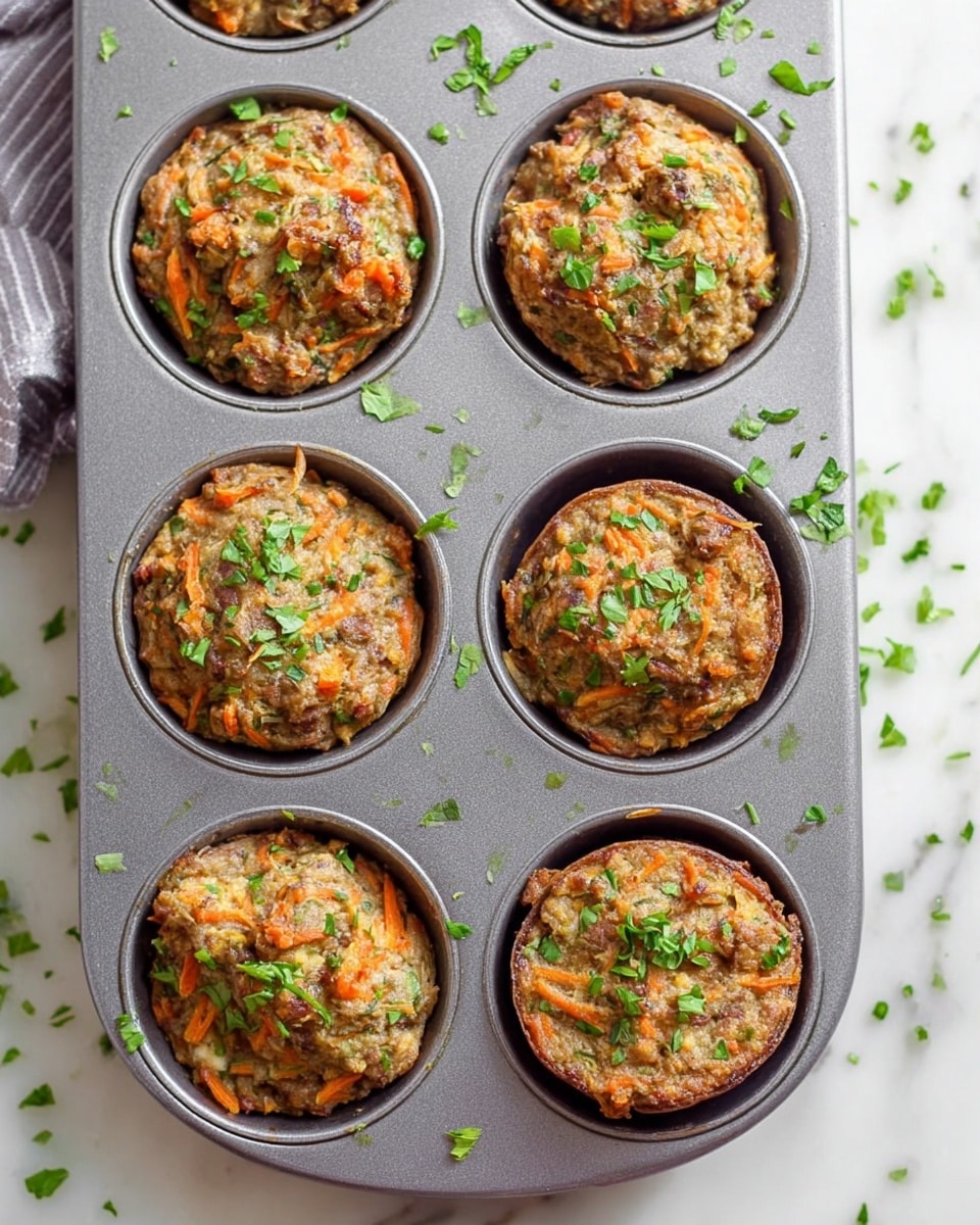 The image shows a silver muffin tray with seven baked vegetable muffins inside each cup. Each muffin has a rough, textured surface with brown, orange, and green colors from visible pieces of carrot, herbs, and other vegetables. The muffins look moist with a slightly crispy top and are sprinkled with chopped green herbs for garnish. The tray is set on a white marbled texture with scattered green herb pieces around it, creating a fresh and appetizing look. Photo taken with an iphone --ar 4:5 --v 7