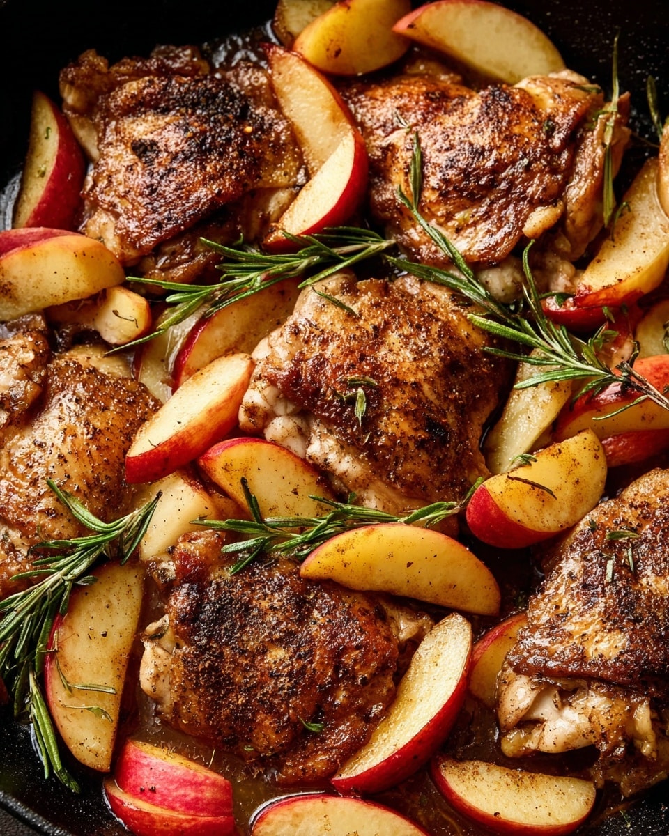 The image shows a close-up of several browned chicken thighs cooked in a skillet, each piece covered lightly with dark seasoning and a slightly crispy texture. Between and on top of the chicken are many slices of cooked apple, showing a mix of red and yellow skins with soft, yellow flesh and a light cinnamon dusting. Small green herb sprigs, likely rosemary, are scattered throughout, adding a fresh contrast. The glossy surface underneath the food is dark due to the pan and cooking juices, creating a rich background for the warm tones of the chicken and apples. Photo taken with an iphone --ar 4:5 --v 7