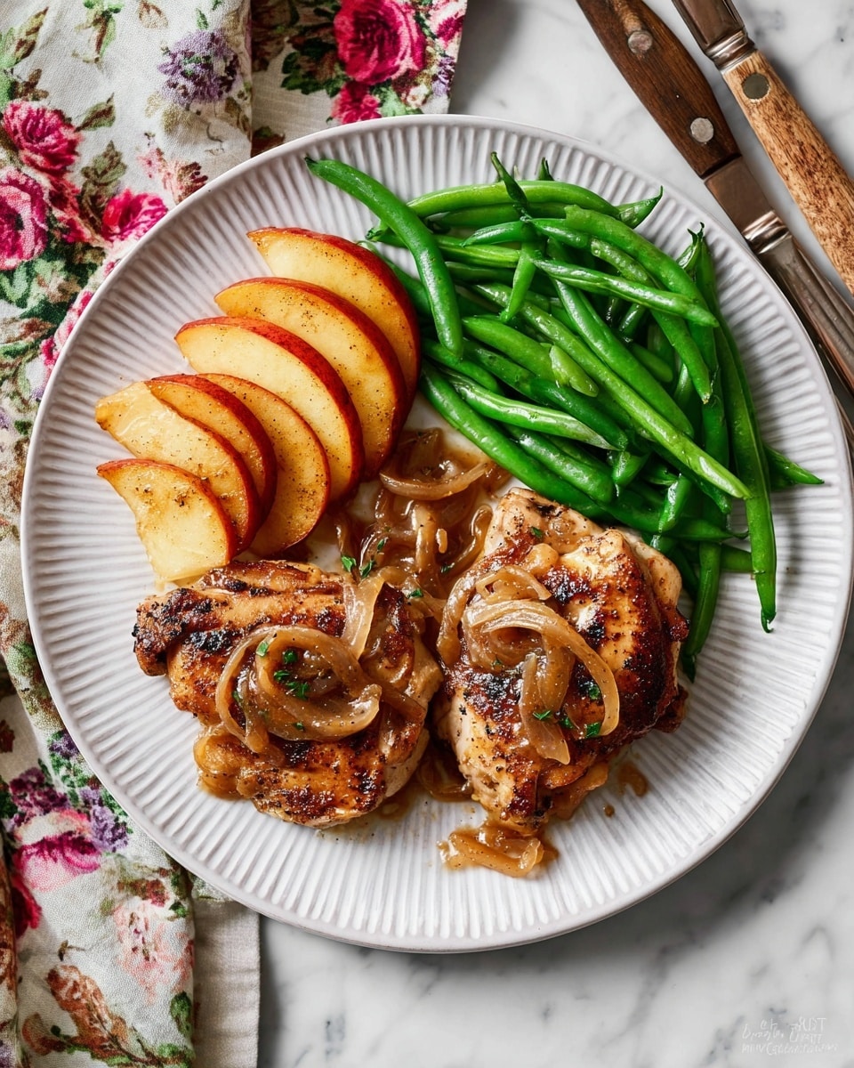 The dish shows two grilled chicken thighs with a golden-brown sear, topped with soft, caramelized apple slices that are light orange with hints of cinnamon. On the left side, some chicken pieces are sliced, showing juicy white meat inside, resting on more apple slices covered with a shiny brown sauce and small onion bits. To the right, bright green steamed green beans lay in a neat pile. The food is arranged on a round white plate with fine ridges along the edge, all set on a white marbled surface. A fork and a knife with wooden handles rest near the plate, and a floral cloth peeks in from the top right corner. Photo taken with an iphone --ar 4:5 --v 7