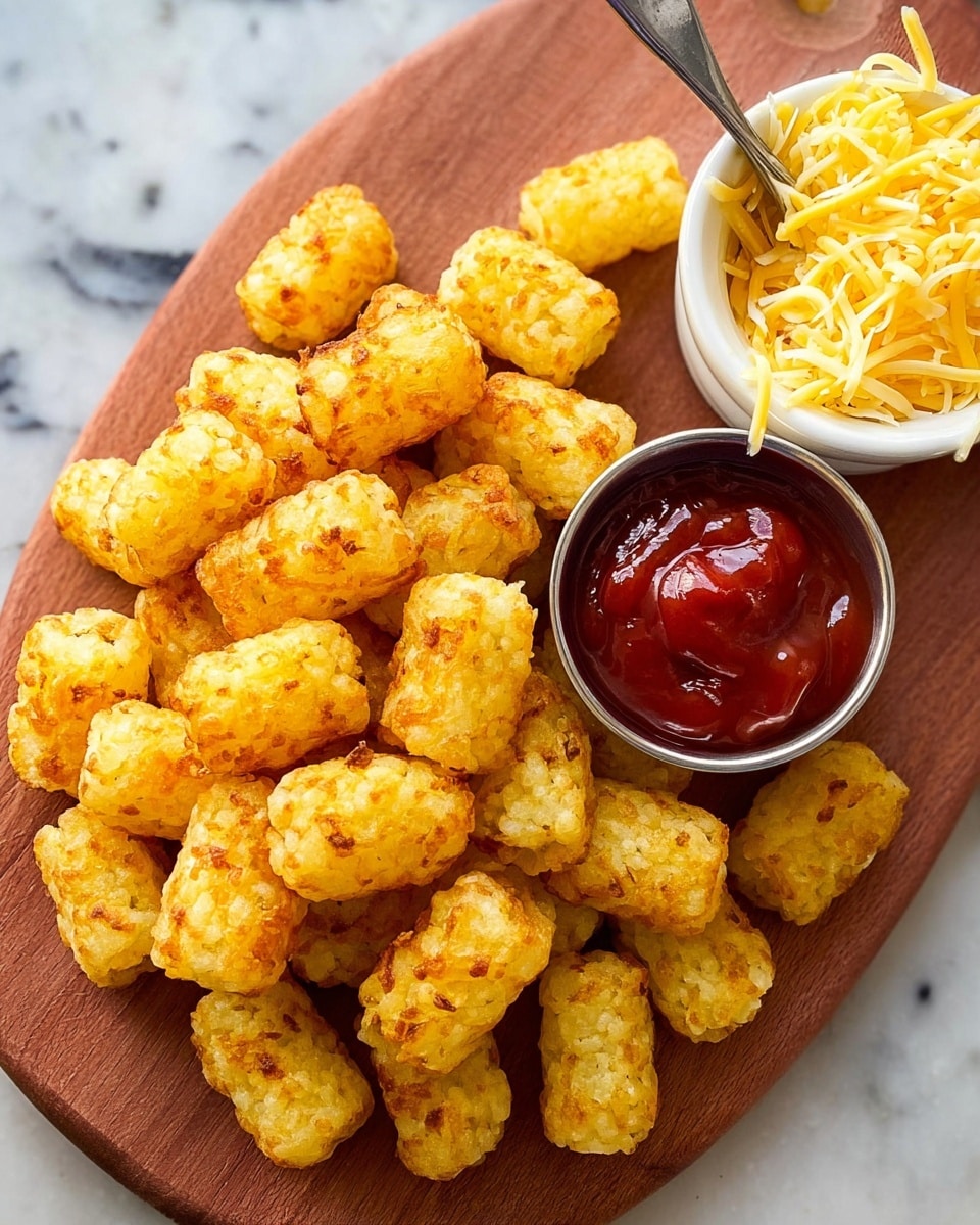 A wooden board holds a pile of golden yellow tater tots with a slightly crispy texture and small browned spots, each piece roughly oval and closely packed together. In the center of the board is a round metal container filled with smooth, dark red ketchup. Nearby, a white bowl contains shredded pale yellow cheese with a soft texture, and a spoon rests inside it. The whole setup is placed on a white marbled surface that contrasts with the warm tones of the food photo taken with an iphone --ar 4:5 --v 7