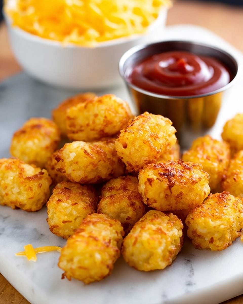 The image shows a group of golden brown tater tots placed around a small metal cup filled with red ketchup sauce. The tater tots have a crispy texture with some areas deeper in color, showing a baked or fried finish. In the background, there is a white bowl with shredded yellow cheese, slightly blurred. All items sit on a white marbled surface, and a woman's hand is about to reach for a tater tot from the arrangement. photo taken with an iphone --ar 4:5 --v 7