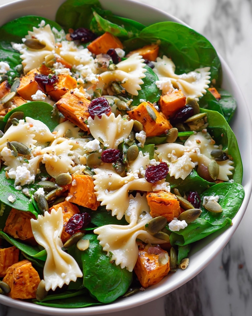 A close-up view of a white bowl filled with a fresh salad made of bright green spinach leaves as the base layer, topped by roasted orange sweet potato cubes scattered evenly throughout. On top of this are pale, bow-shaped farfalle pasta pieces, some of which have small dark green pumpkin seeds and bits of white crumbled cheese resting on them. Dark red dried cranberries and golden pumpkin seeds are sprinkled evenly over the salad, adding contrasting color and texture. The entire dish looks fresh and lightly dressed, all placed on a white marbled surface. photo taken with an iphone --ar 4:5 --v 7