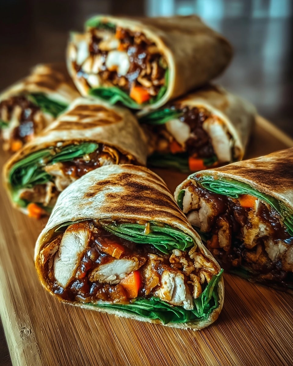 Two grilled wraps cut in half are placed on a wooden surface with a white marbled texture. The outer layer is a golden-brown toasted tortilla with grill marks. Inside, there are three noticeable layers: a bottom layer of bright green leafy spinach, a middle layer filled with chunks of white chicken pieces mixed with reddish-brown sauce, and some orange bits likely from seasoning or vegetables. The wraps are positioned leaning against each other, showing the filling clearly. Photo taken with an iphone --ar 4:5 --v 7