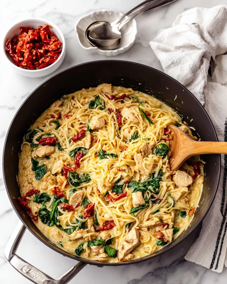 A large black pan filled with creamy noodles mixed with chunks of grilled chicken, fresh bright green spinach leaves, and pieces of red sun-dried tomatoes, all coated in a smooth, pale yellow creamy sauce. A wooden spoon is resting inside the pan, mixing the ingredients together. Beside the pan, there is a small white bowl filled with more red sun-dried tomatoes and a silver spoon on a white marbled surface with a white cloth that has black stripes nearby. Photo taken with an iphone --ar 4:5 --v 7